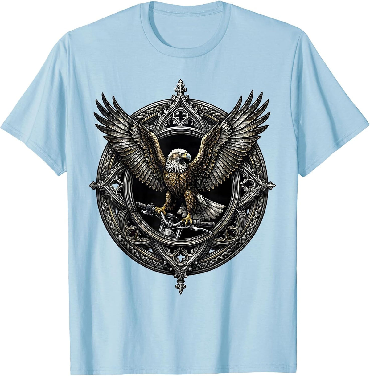 Men's Eagle on Chrome Motorcycle Handlebar Biker Graphic T-Shirt - Baby Blue