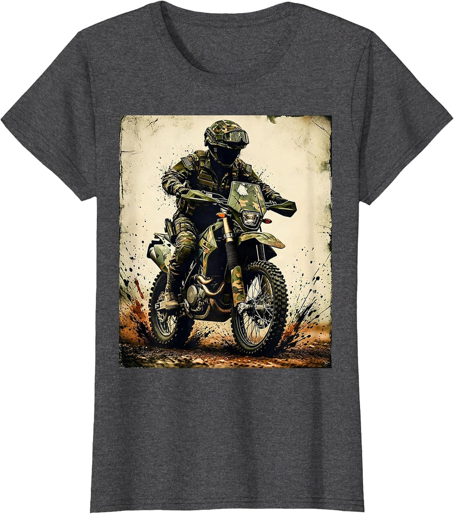 Women's Camo Rider Military Motorcycle Graphic T-Shirt - Dark Heather Grey