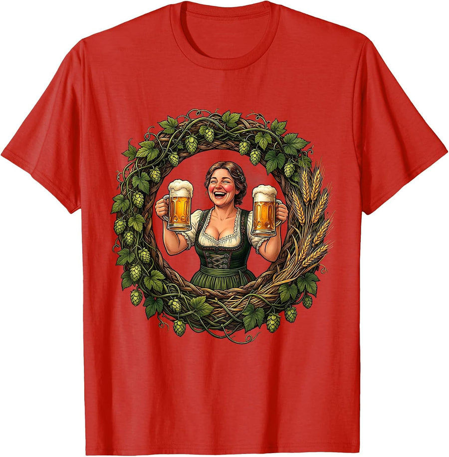 Men's Oktoberfest Laughing Woman Hops and Barley Design T-Shirt - Red