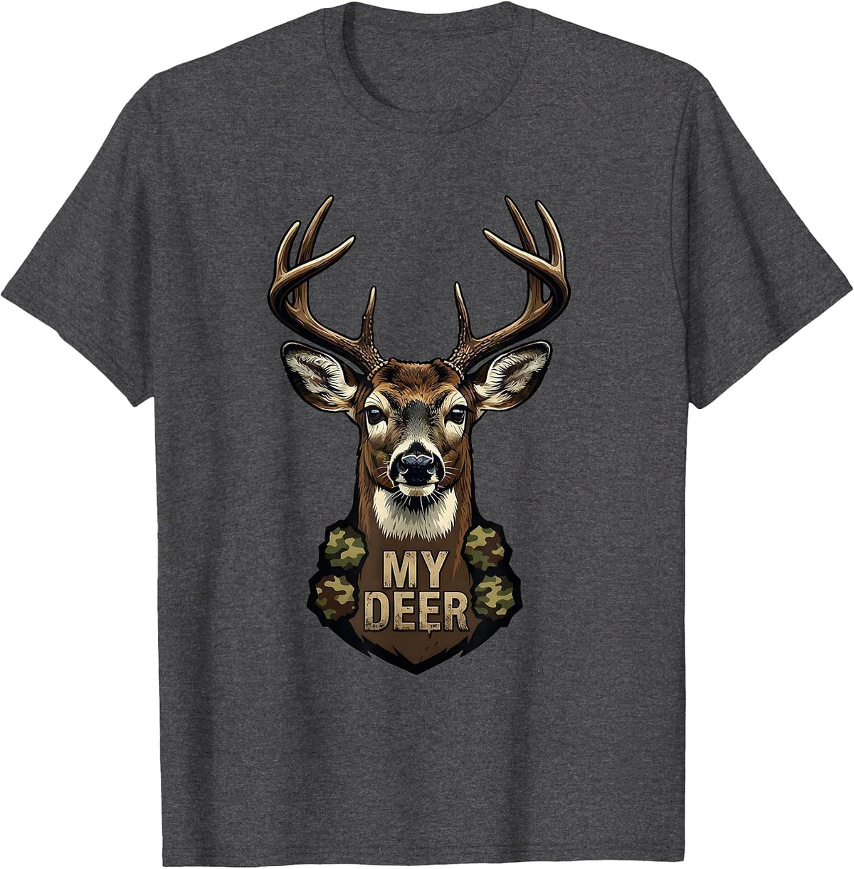 My Deer Distressed Camo Deer Hunting Youth Humor T-Shirt - Dark Heather Grey