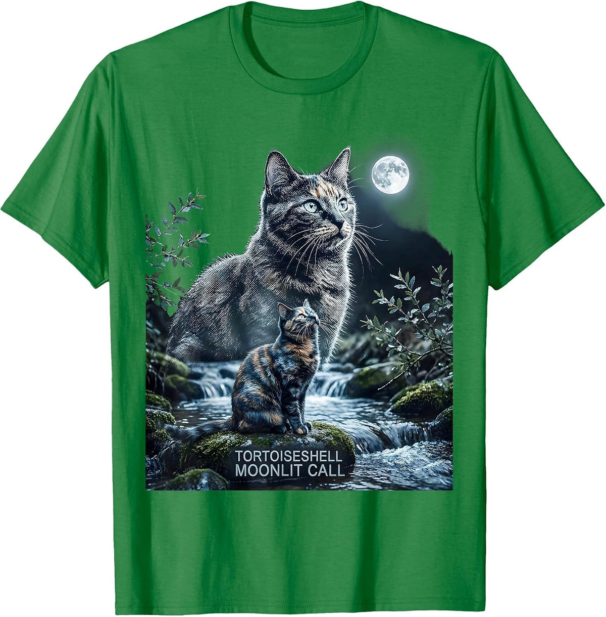 Men's Tortoiseshell Moonlit Call 90s Retro Cat Portrait T-Shirt - Kelly Green