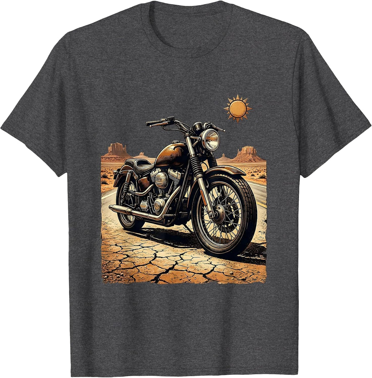 Vintage Motorcycle Desert Road Illustration T-Shirt - Dark Heather Grey
