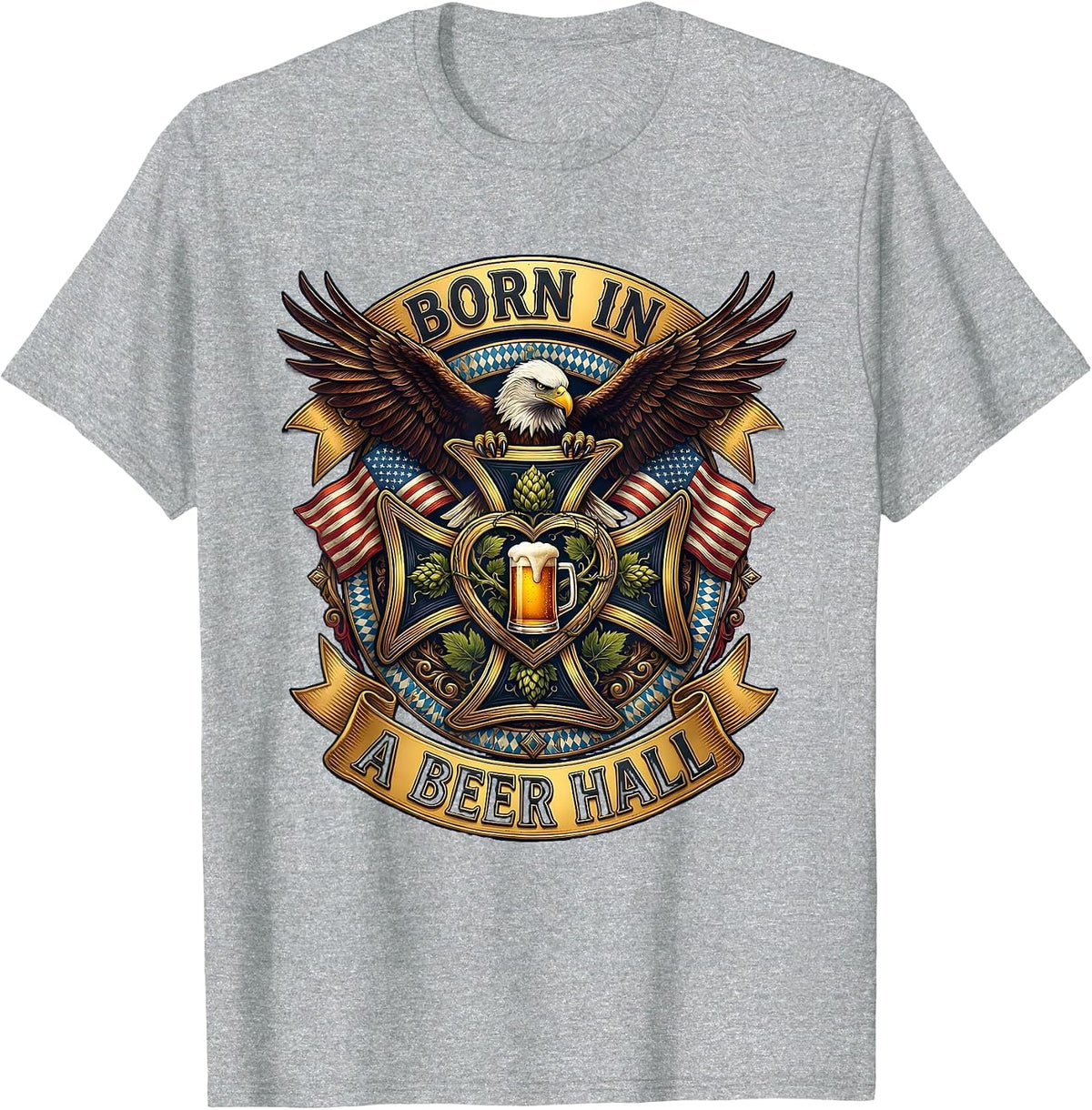 Men's Born in a Beer Hall Oktoberfest Design T-Shirt - Heather Grey