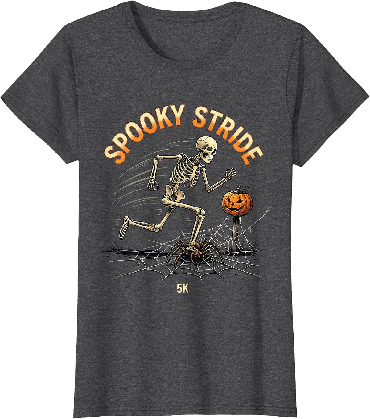 Women's Spooky Stride 5K Funny Skeleton Halloween Run Costume T-Shirt - Dark Heather Grey