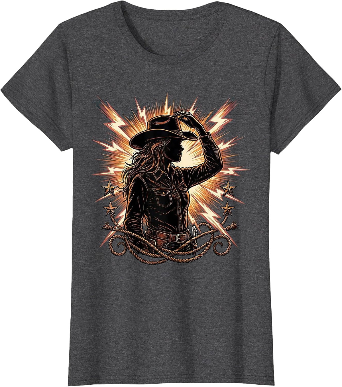 Women's Cowgirl Tipping Hat Lightning Bolt Illustration T-Shirt - Dark Heather Grey