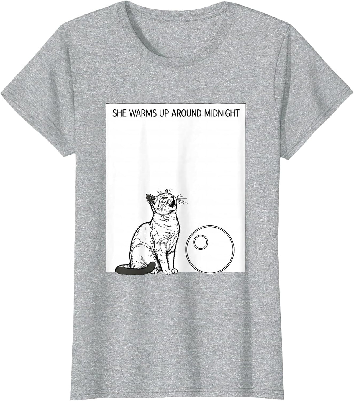 She Warms Up Around Midnight Line Art Cat Howling at Moon T-Shirt - Heather Grey