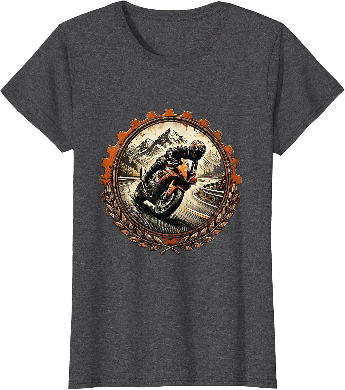 Women's Motorcycle Mountain Curve Lean Riding Graphic T-Shirt - Dark Heather Grey