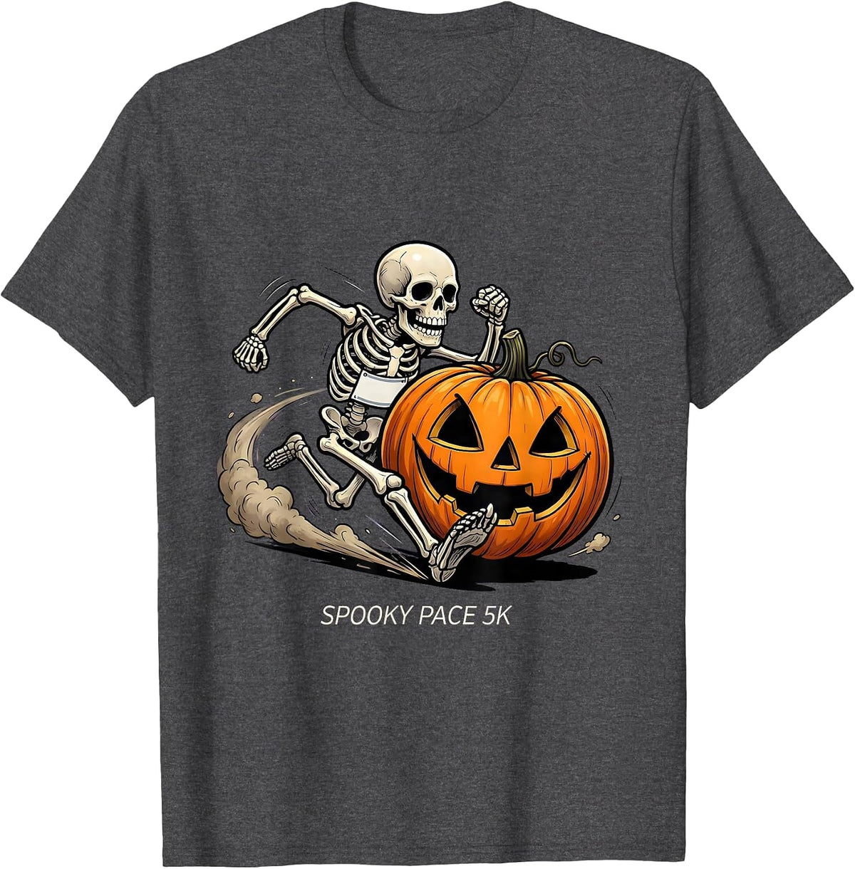 Spooky Pace 5K Cartoon Skeleton Runner Halloween Fun Run T-Shirt - Dark Heather Grey