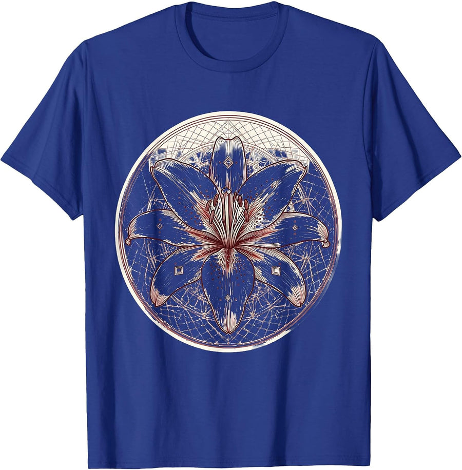 Mimi Stargazer Lily Geometric Line Art Design T-Shirt - Royal Blue