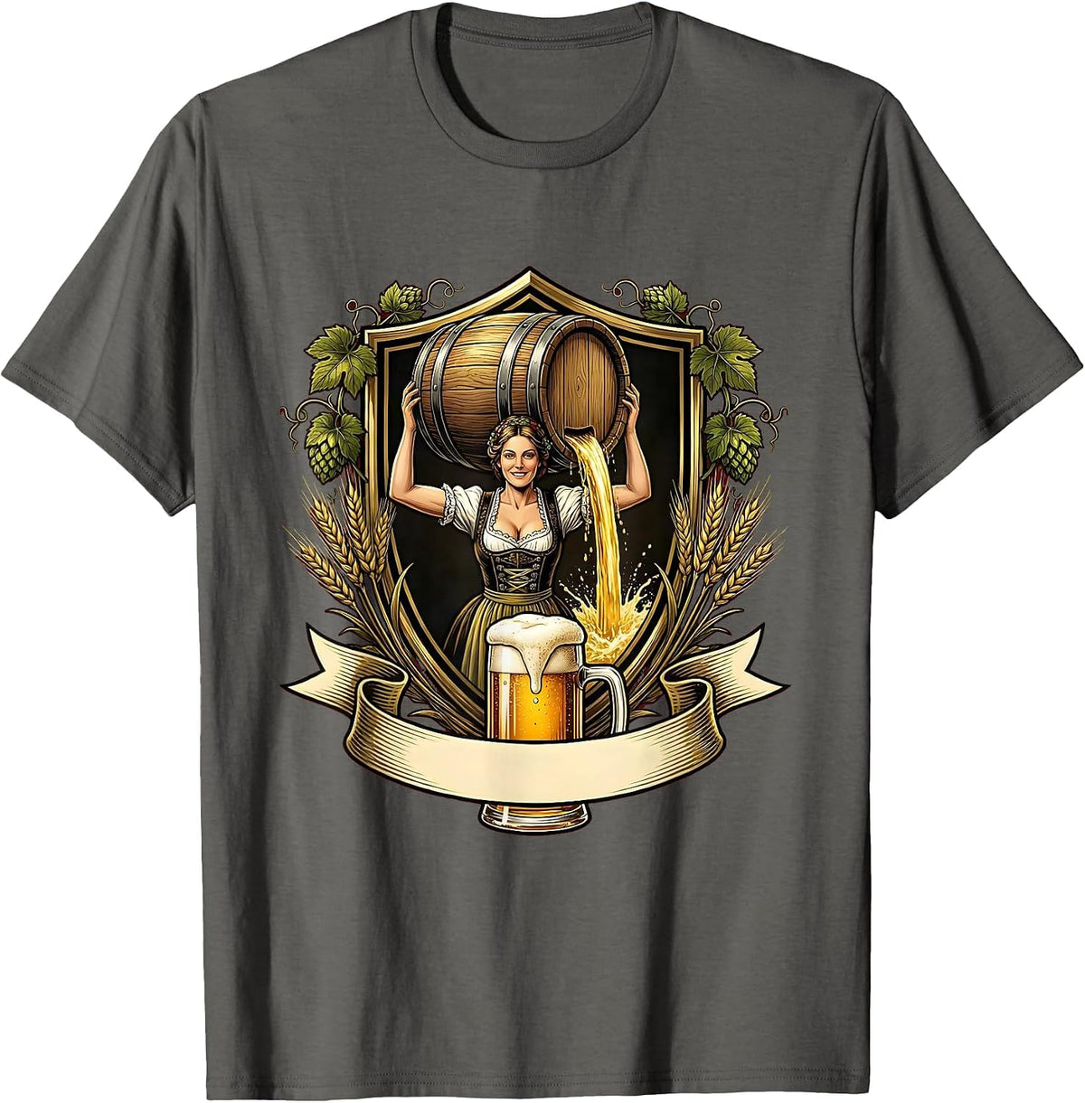 Men's Oktoberfest Beer Barrel Pouring Illustration T-Shirt - Asphalt Grey