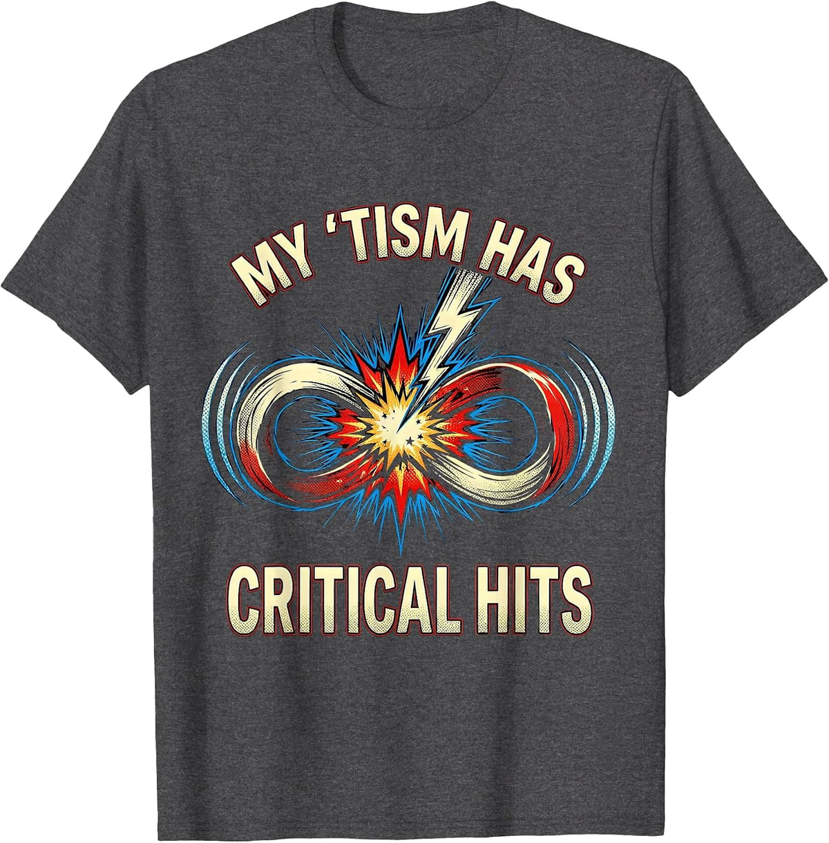 Men's My 'Tism Has Critical Hits Comic Book Autistic ADHD Meme T-Shirt - Dark Heather Grey