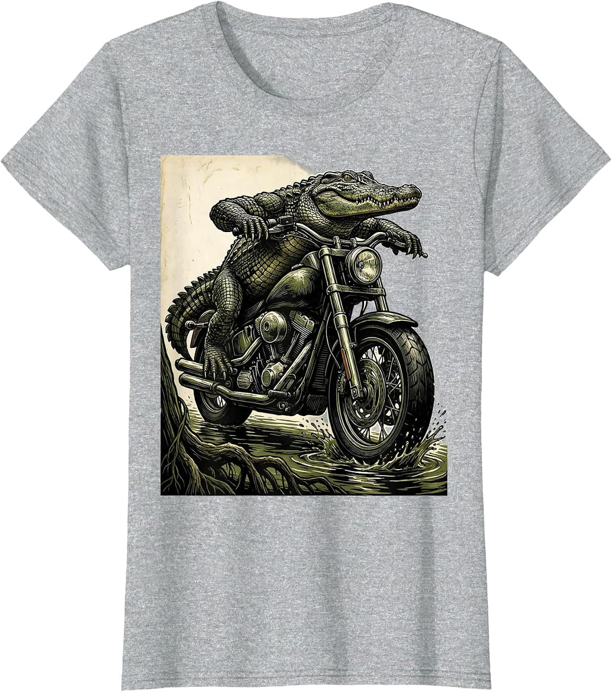 Gator Riding Motorcycle Through the Swamp T-Shirt - Heather Grey
