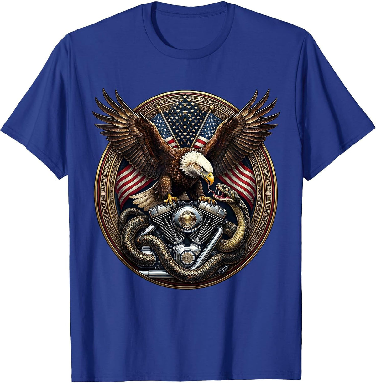 Serpent Coiled Motorcycle Engine Biker Design T-Shirt - Royal Blue