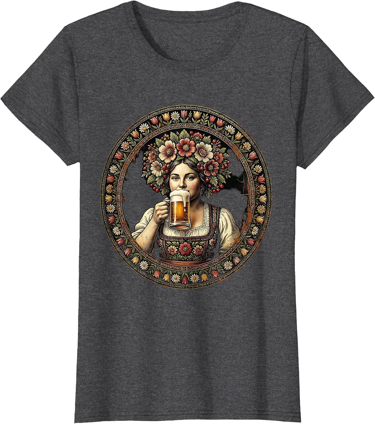 Women's Oktoberfest Floral Crown Beer Sipping Illustration T-Shirt - Dark Heather Grey