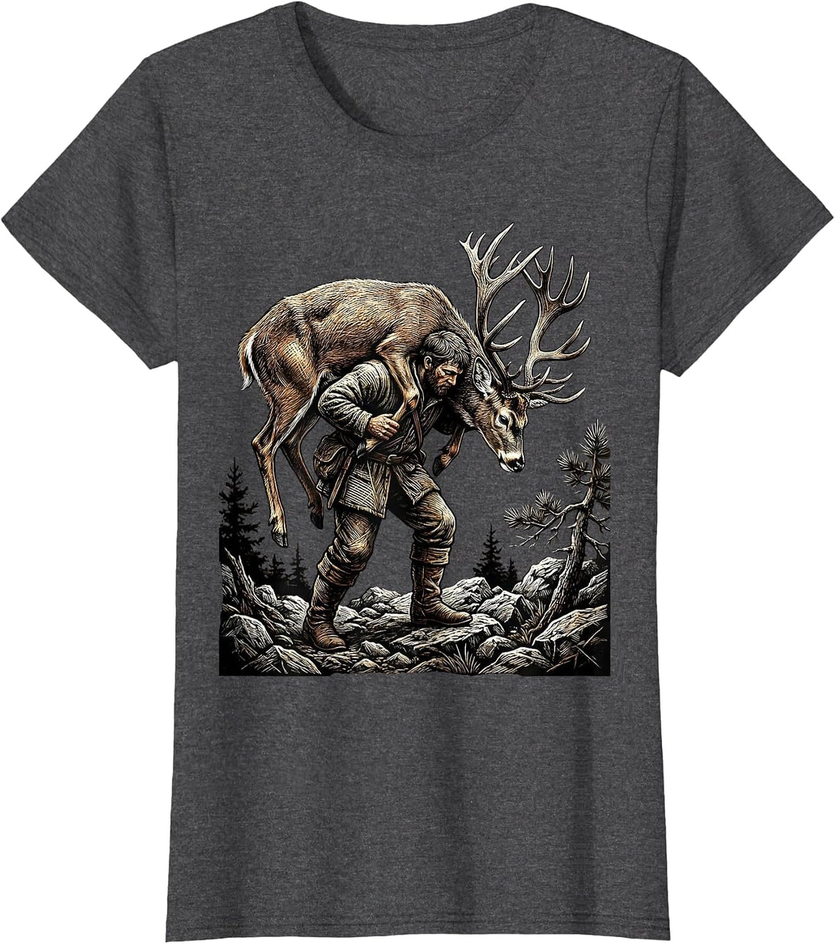 Women's Deer Carrier Rugged Terrain Hunting Illustration T-Shirt - Dark Heather Grey