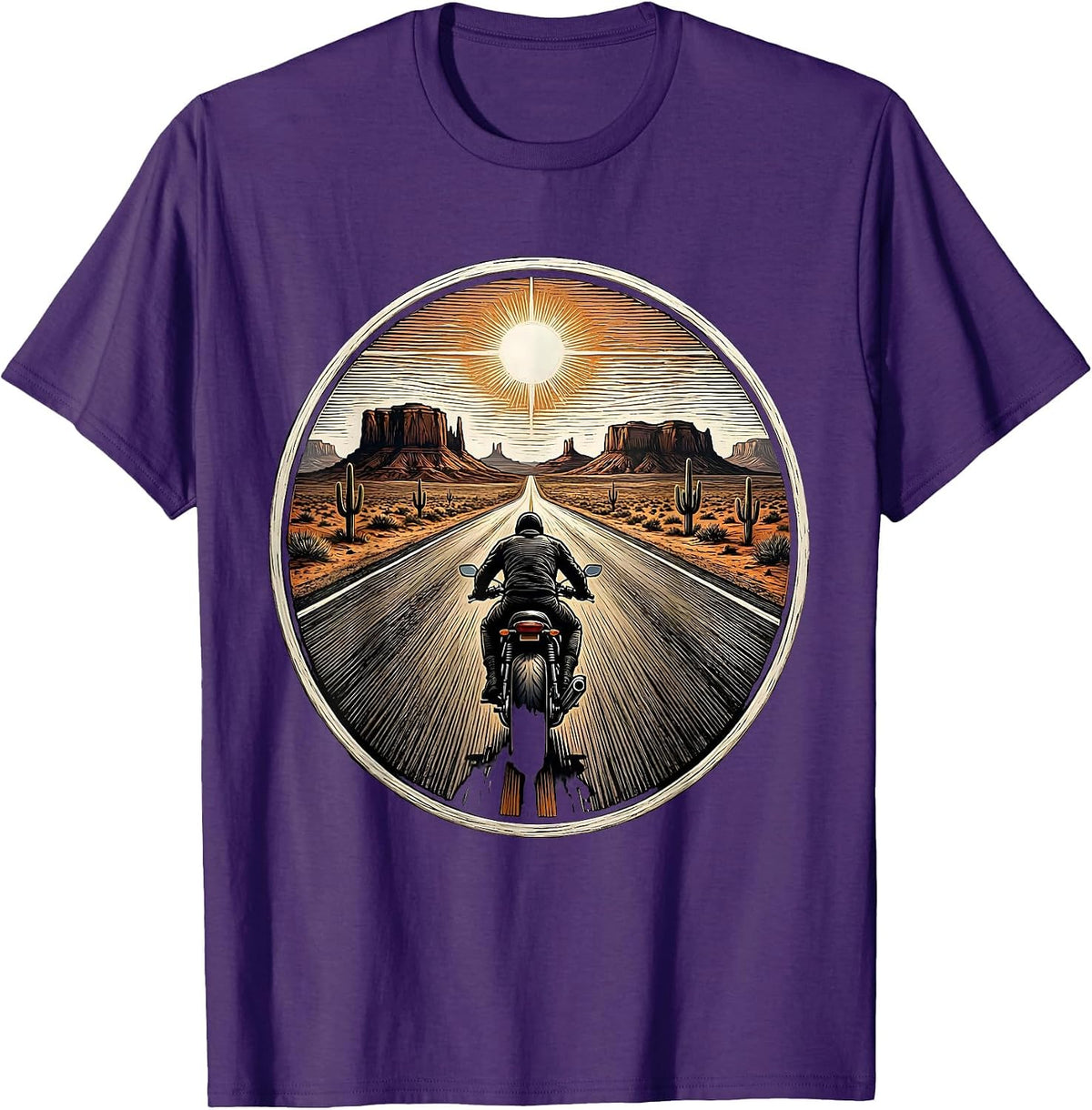 Men's Lone Biker Desert Highway Motorcycle Graphic T-Shirt - Purple