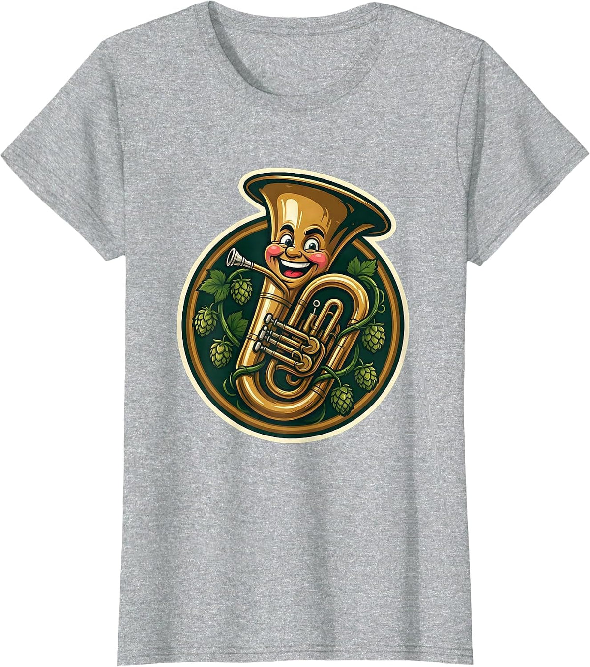Women's Oktoberfest Tuba Wrapped in Hop Vines Design T-Shirt - Heather Grey