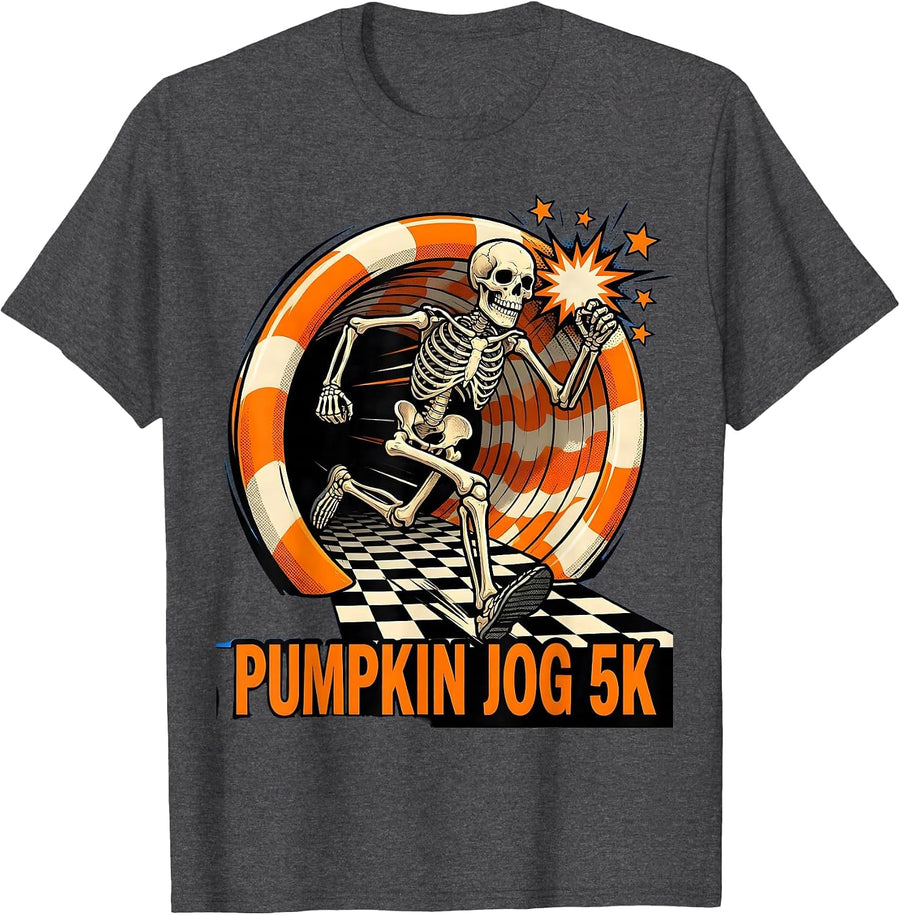 Men's Pumpkin Jog 5K Funny Running Skeleton Halloween Fun Run T-Shirt - Dark Heather Grey