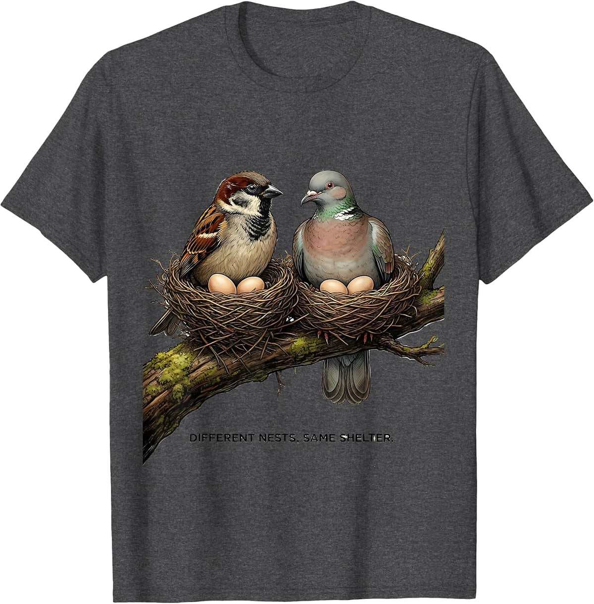 Men's Different Nests, Same Shelter Funny Autistic ADHD Meme Humor T-Shirt - Dark Heather Grey