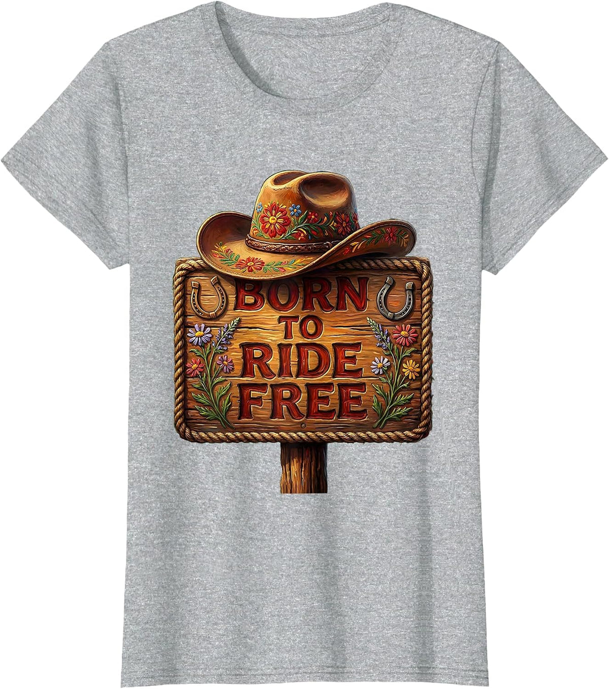 Born to Ride Free Cowboy Western Design T-Shirt - Heather Grey