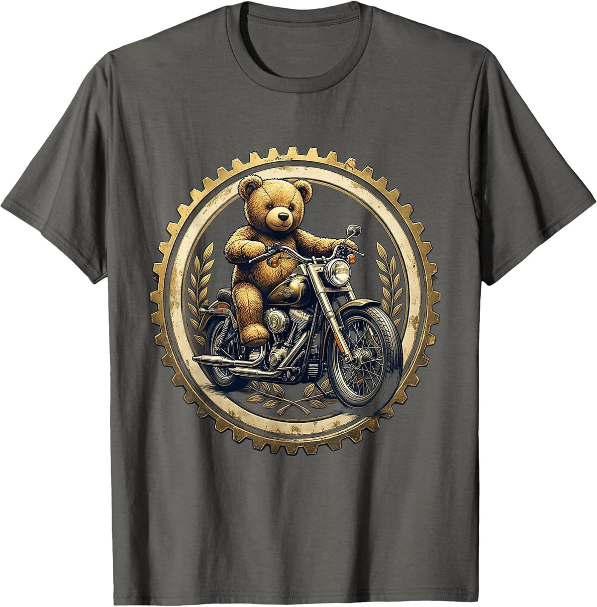 Teddy Bear Riding Vintage Motorcycle Graphic Tee T-Shirt - Asphalt Grey