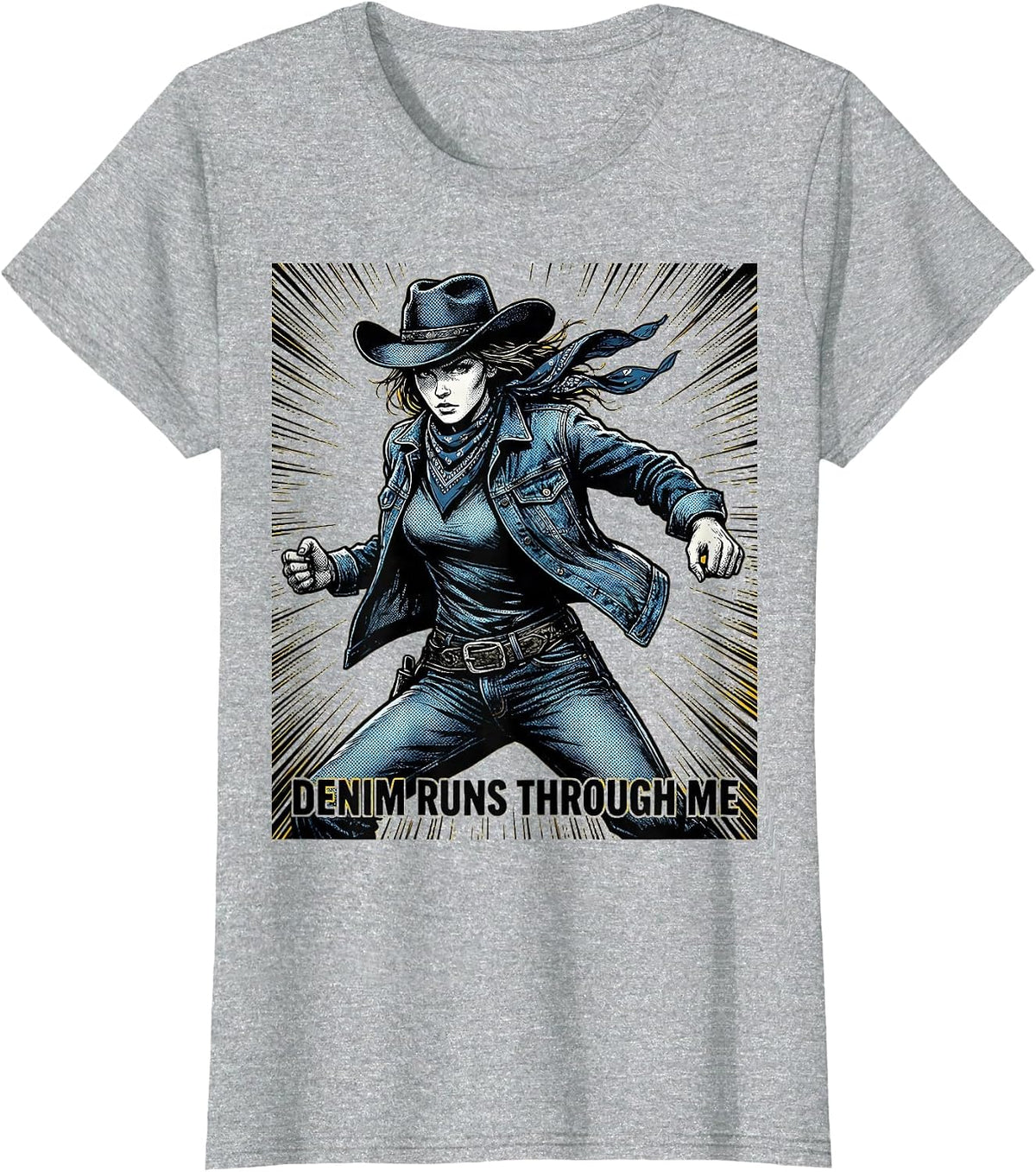 Women's Denim Runs Through Me Western Girls Design T-Shirt - Heather Grey