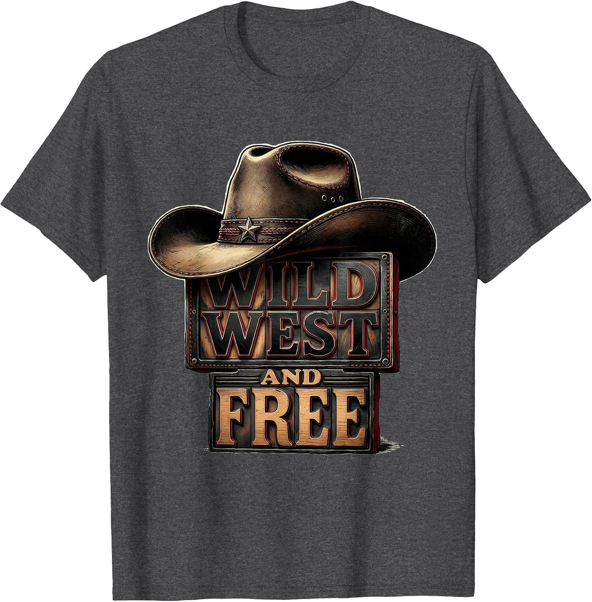 Men's Wild West and Free Cowboy Design T-Shirt - Dark Heather Grey