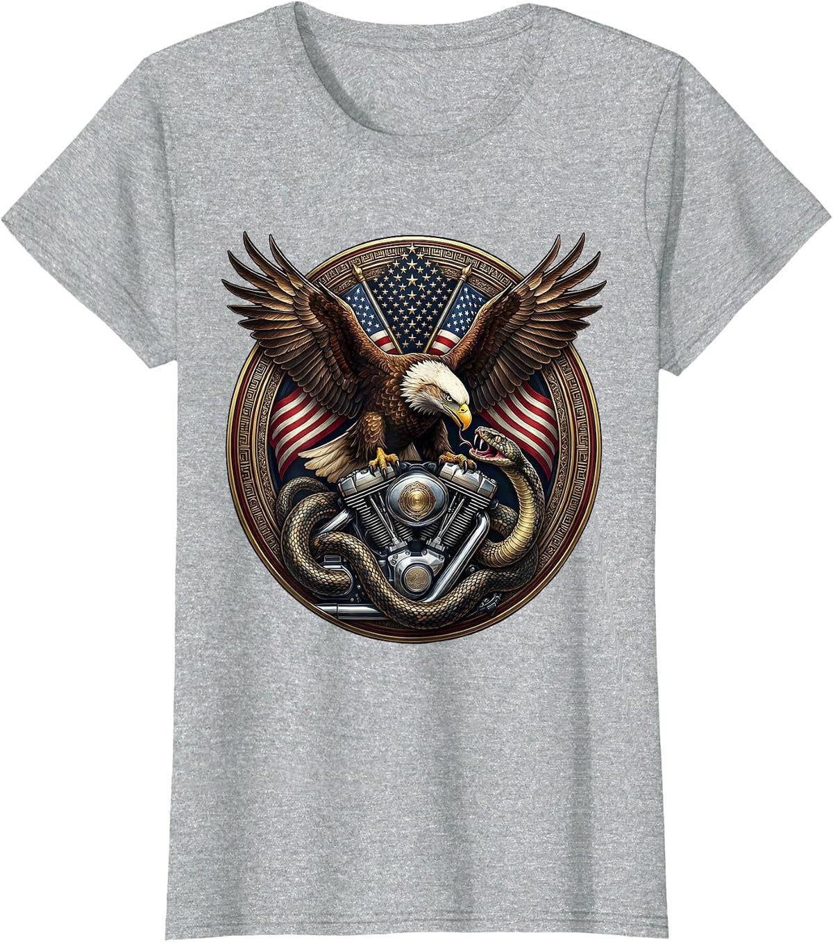 Serpent Coiled Motorcycle Engine Biker Design T-Shirt - Heather Grey