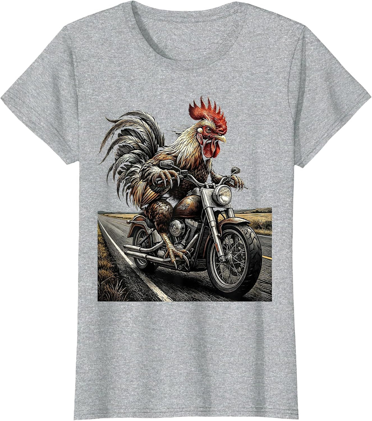 Rooster Motorcycle Rider Open Road Graphic T-Shirt - Heather Grey