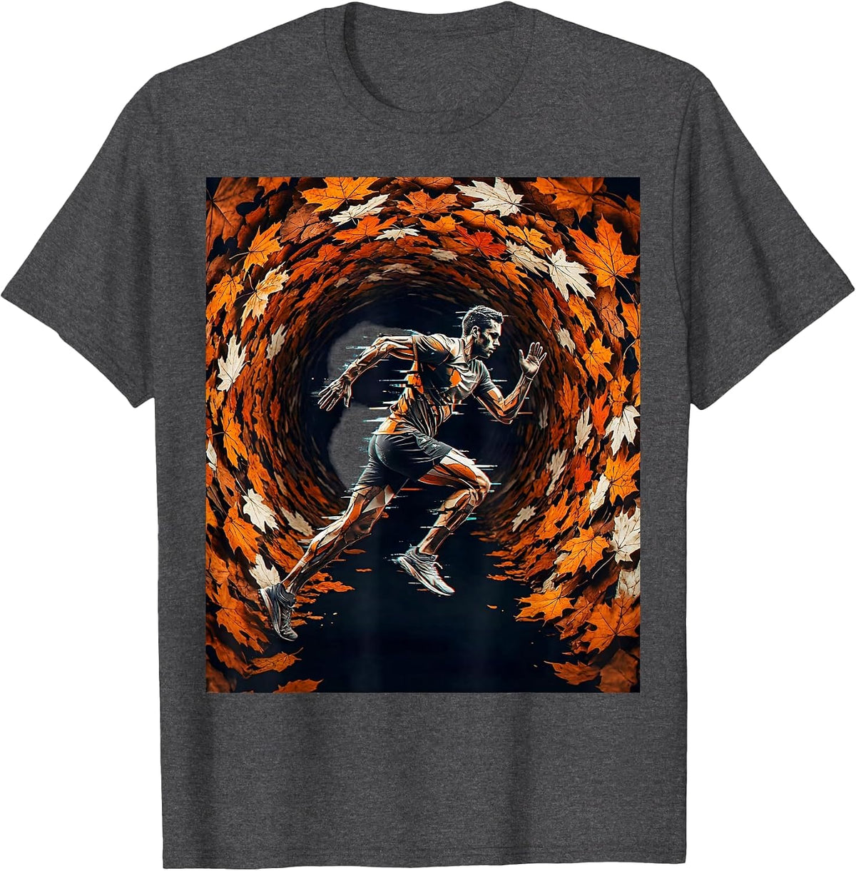 Runner Silhouette Autumn Leaf Tunnel Graphic T-Shirt - Dark Heather Grey