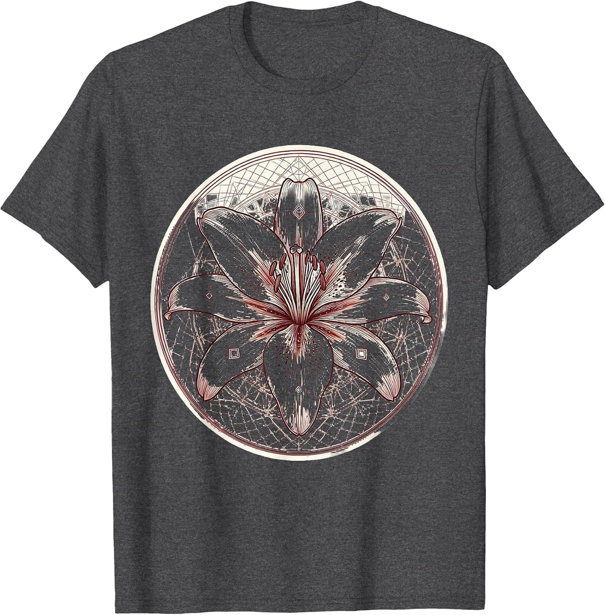 Mimi Stargazer Lily Geometric Line Art Design T-Shirt - Dark Heather Grey