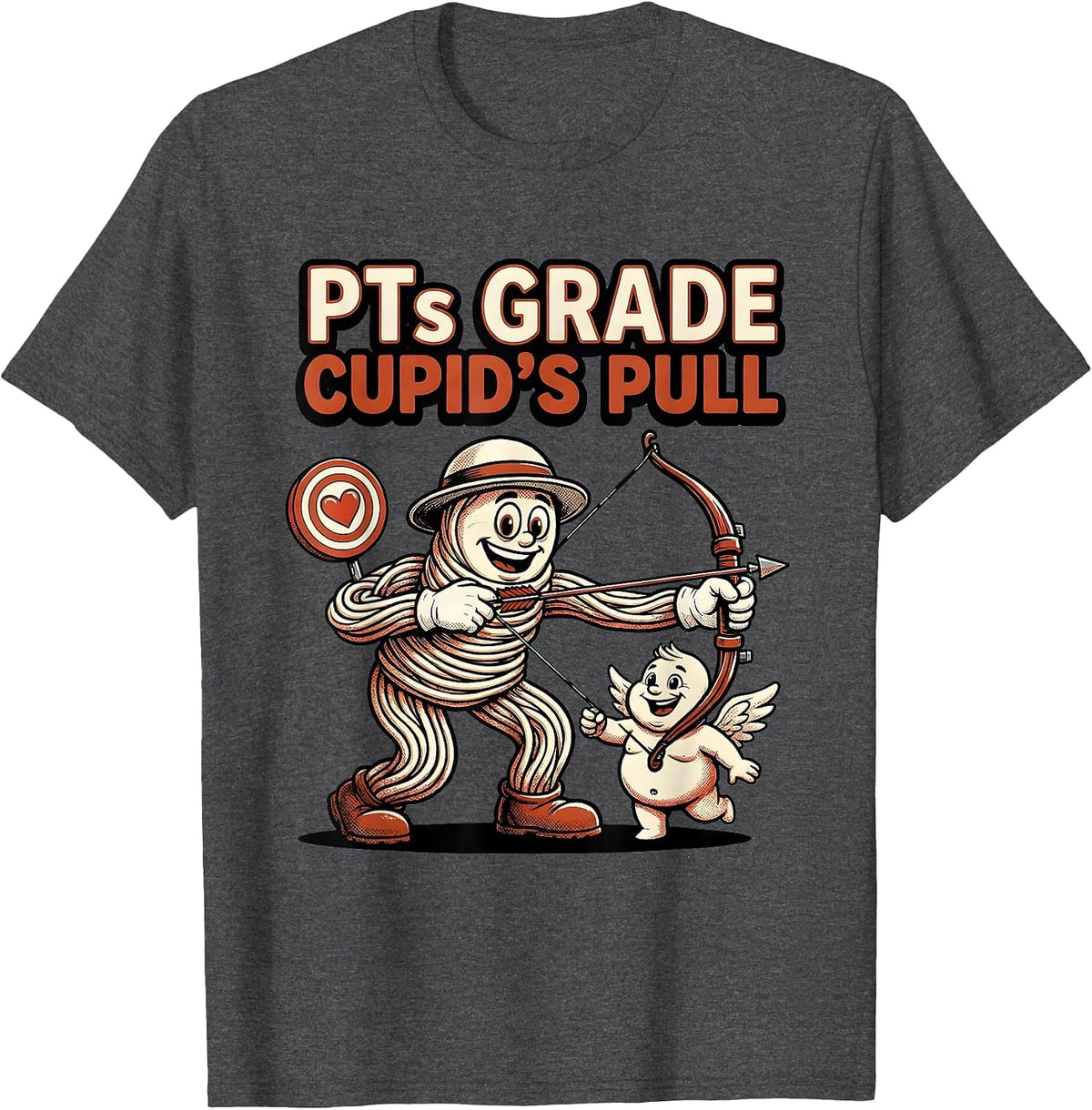 Men's PTs Grade Cupid's Pull Retro Cartoon Physical Therapist T-Shirt - Dark Heather Grey