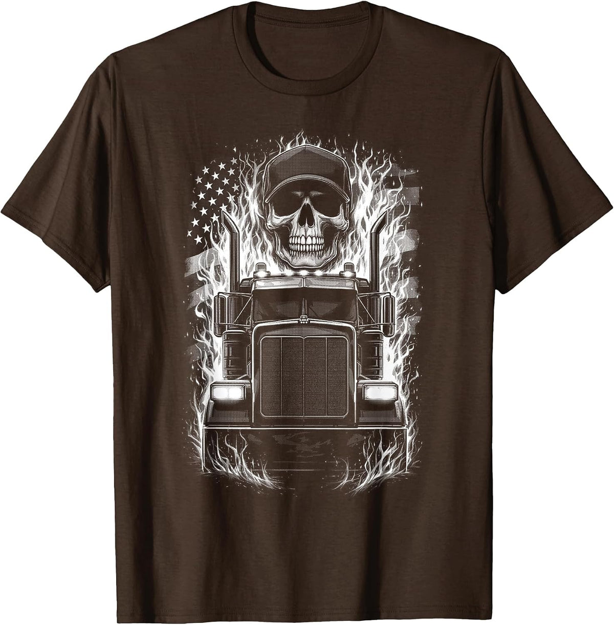 Trucker Patriotic American Flag Semi Truck Driver Skull T-Shirt - Brown
