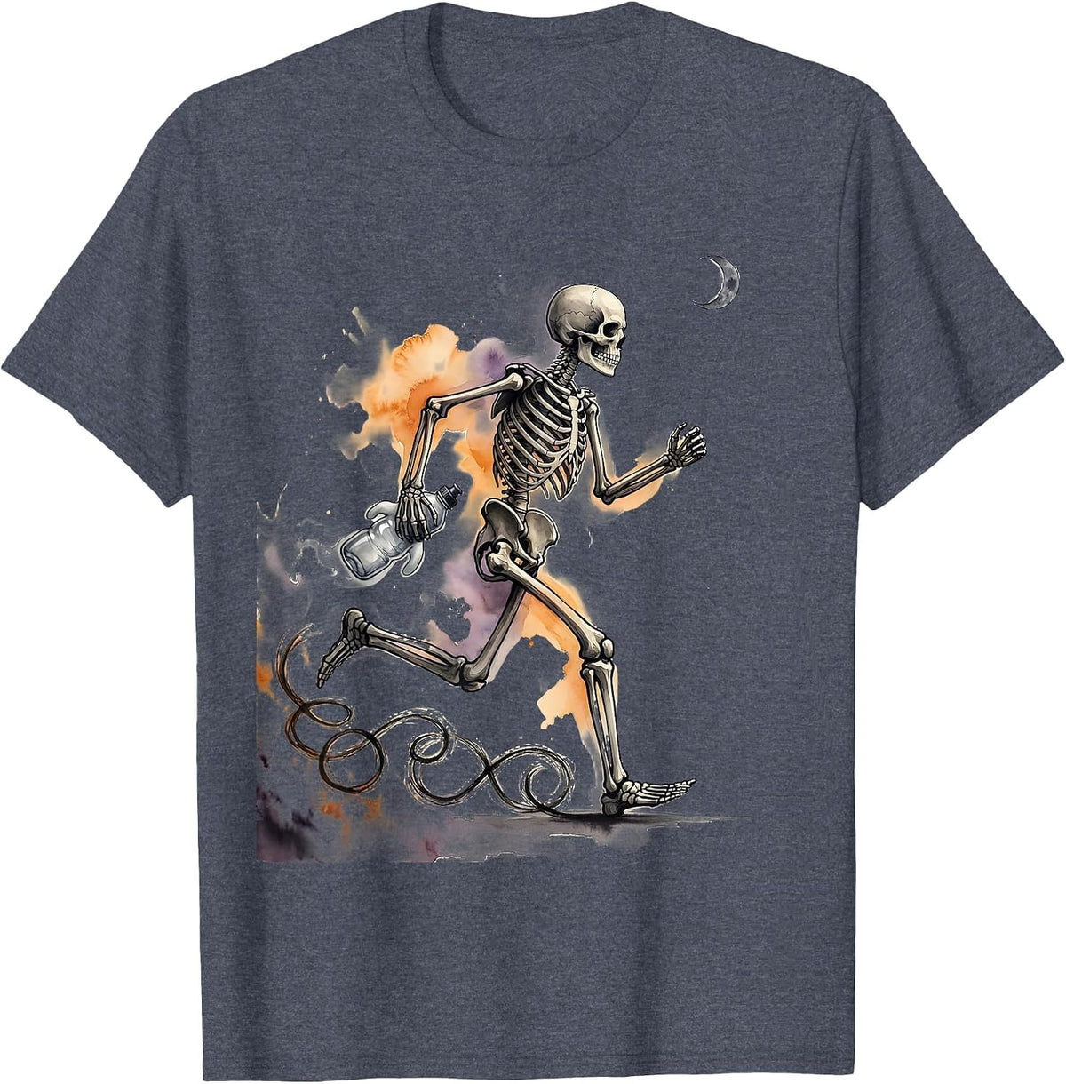 Skeleton Runner Watercolor Halloween 5K Fun Run T-Shirt - Heather Blue