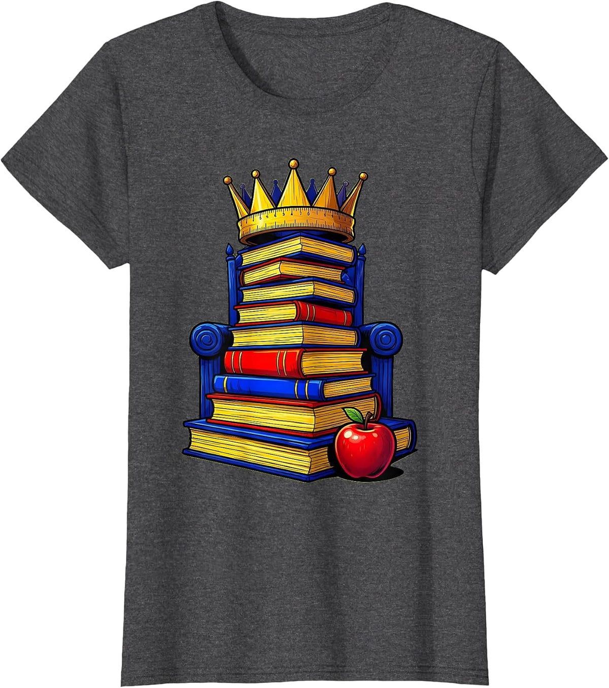 Women's 2nd Grade Teacher Ruler Crown Textbook Throne T-Shirt - Dark Heather Grey
