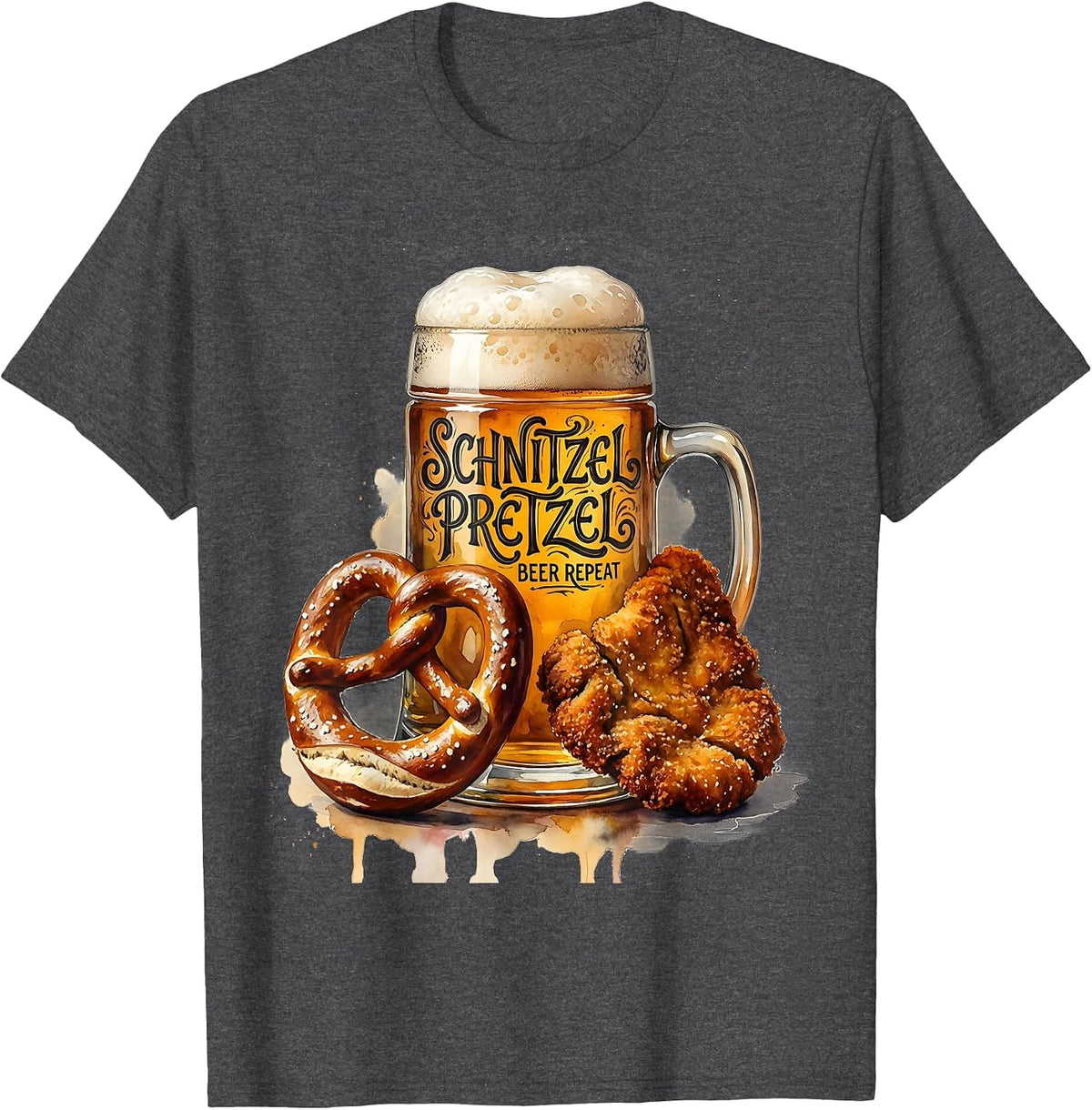 Men's Schnitzel Pretzel Beer Repeat Oktoberfest Design T-Shirt - Dark Heather Grey