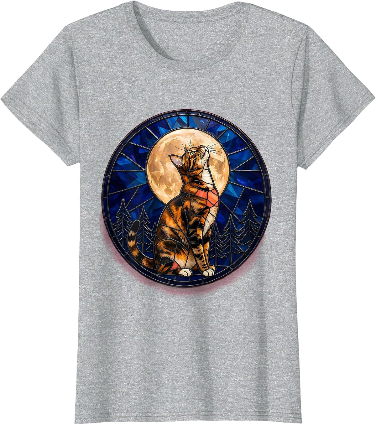 Tortoiseshell Cat Howling at Moon Stained Glass Mosaic 90s T-Shirt - Heather Grey