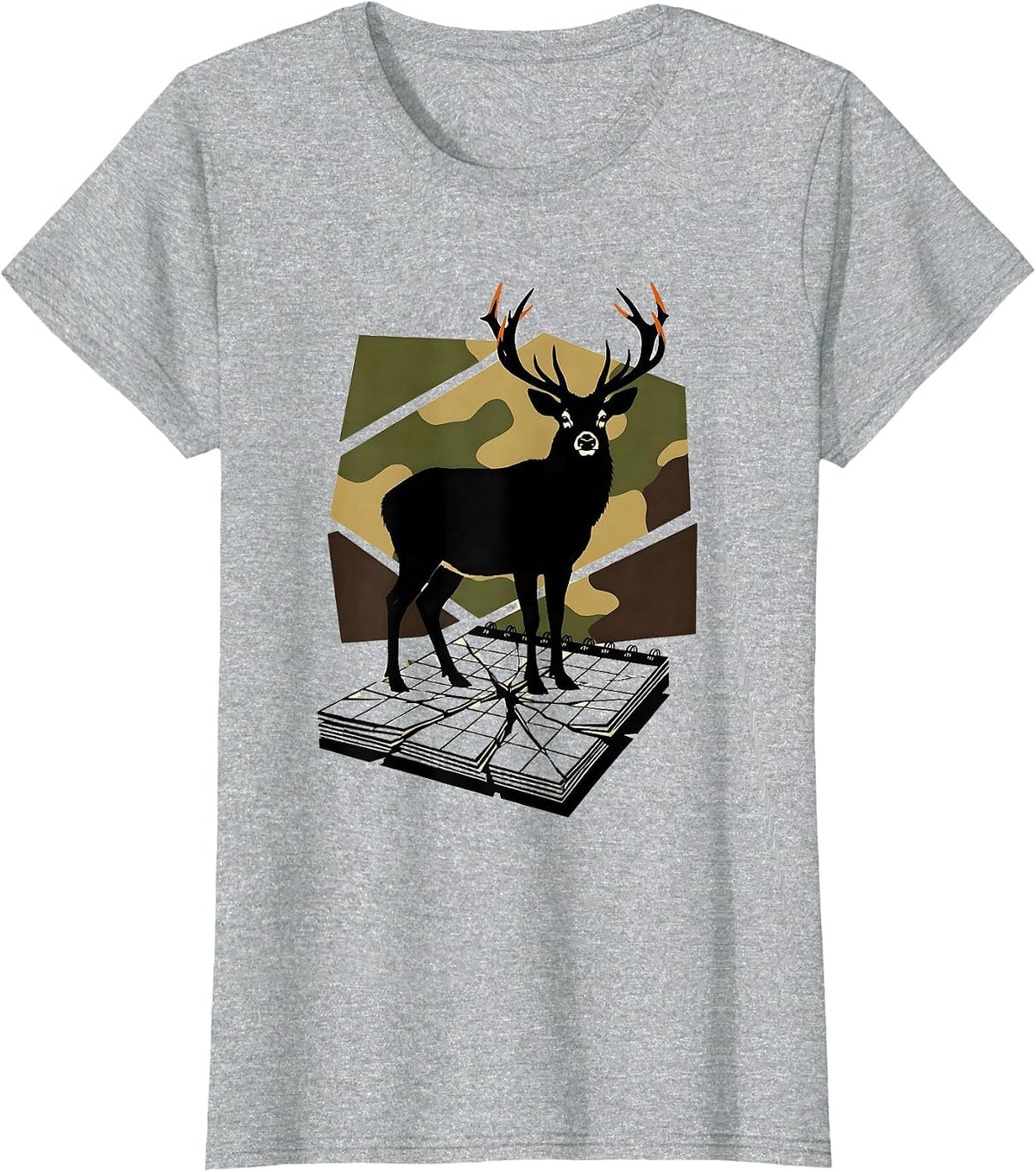 Buck Silhouette Camo Deer Hunting Humor Gift T-Shirt - Heather Grey