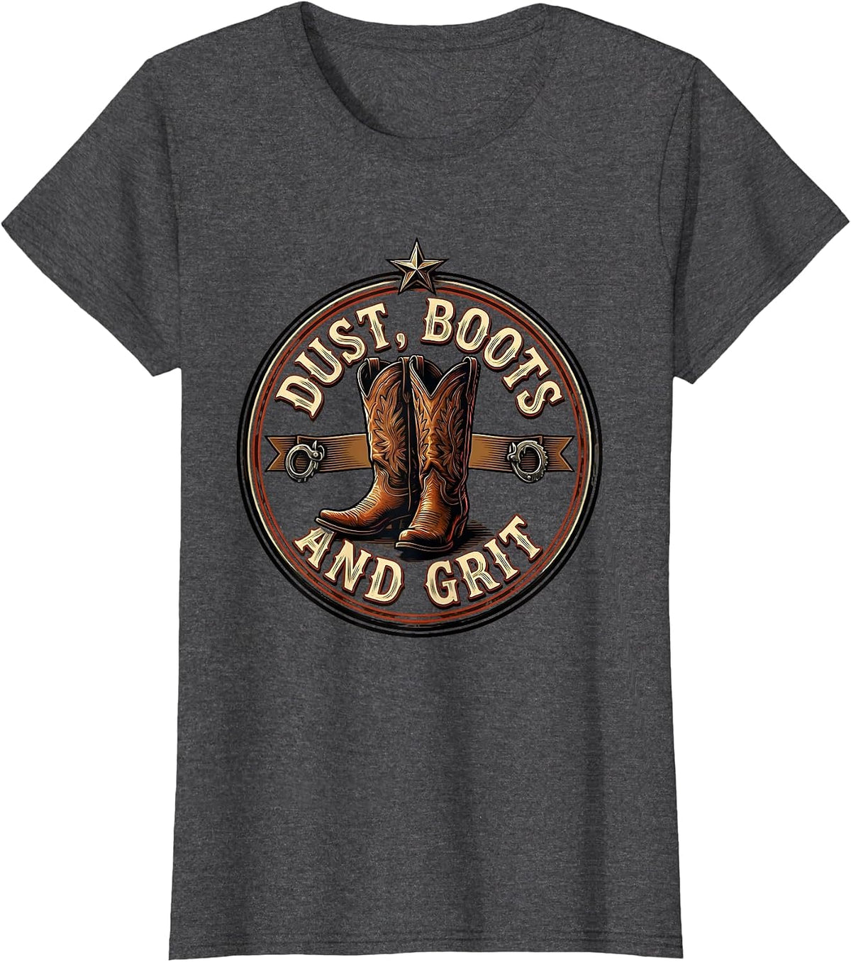 Women's Dust Boots and Grit Cowgirl Western Design T-Shirt - Dark Heather Grey