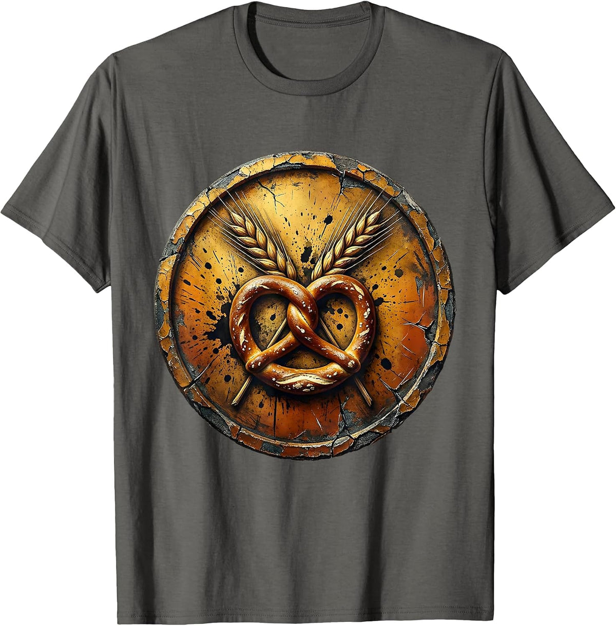 Pretzel and Wheat Stalks Crossed Prost Design T-Shirt - Asphalt Grey
