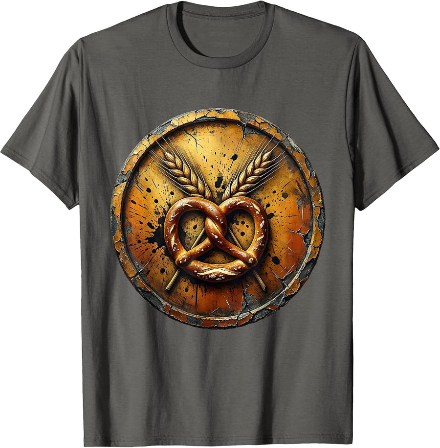 Pretzel and Wheat Stalks Crossed Prost Design T-Shirt - Asphalt Grey