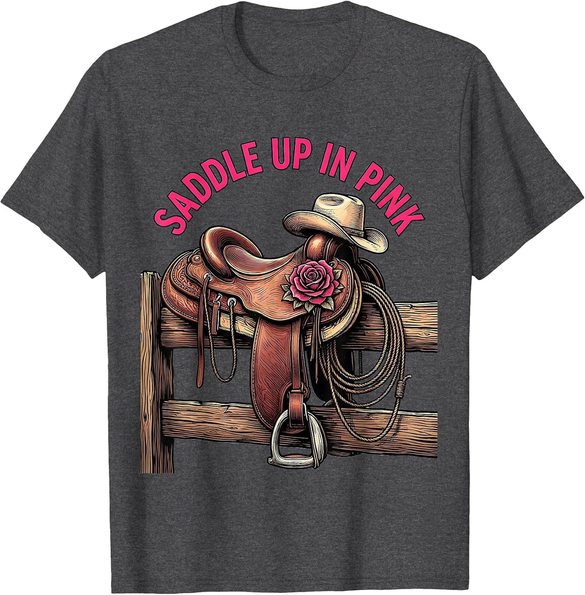 Men's Saddle Up In Pink Western Cowgirl Design T-Shirt - Dark Heather Grey