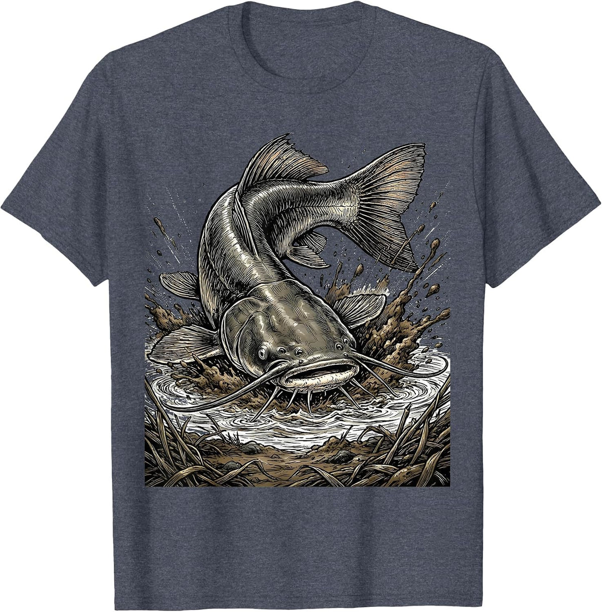 Catfish Muddy River Bank Fishing Graphic T-Shirt - Heather Blue