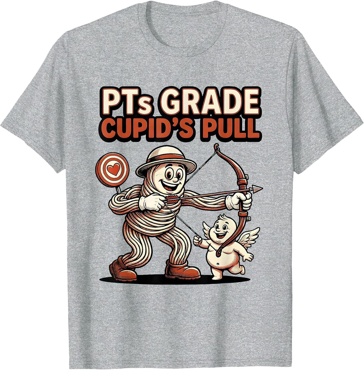Men's PTs Grade Cupid's Pull Retro Cartoon Physical Therapist T-Shirt - Heather Grey