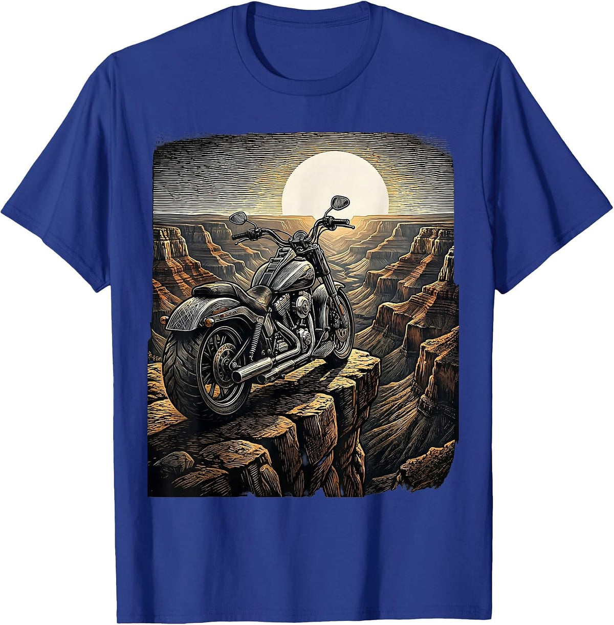 Men's Route 66 Chrome Motorcycle Cliff Overlook T-Shirt - Royal Blue