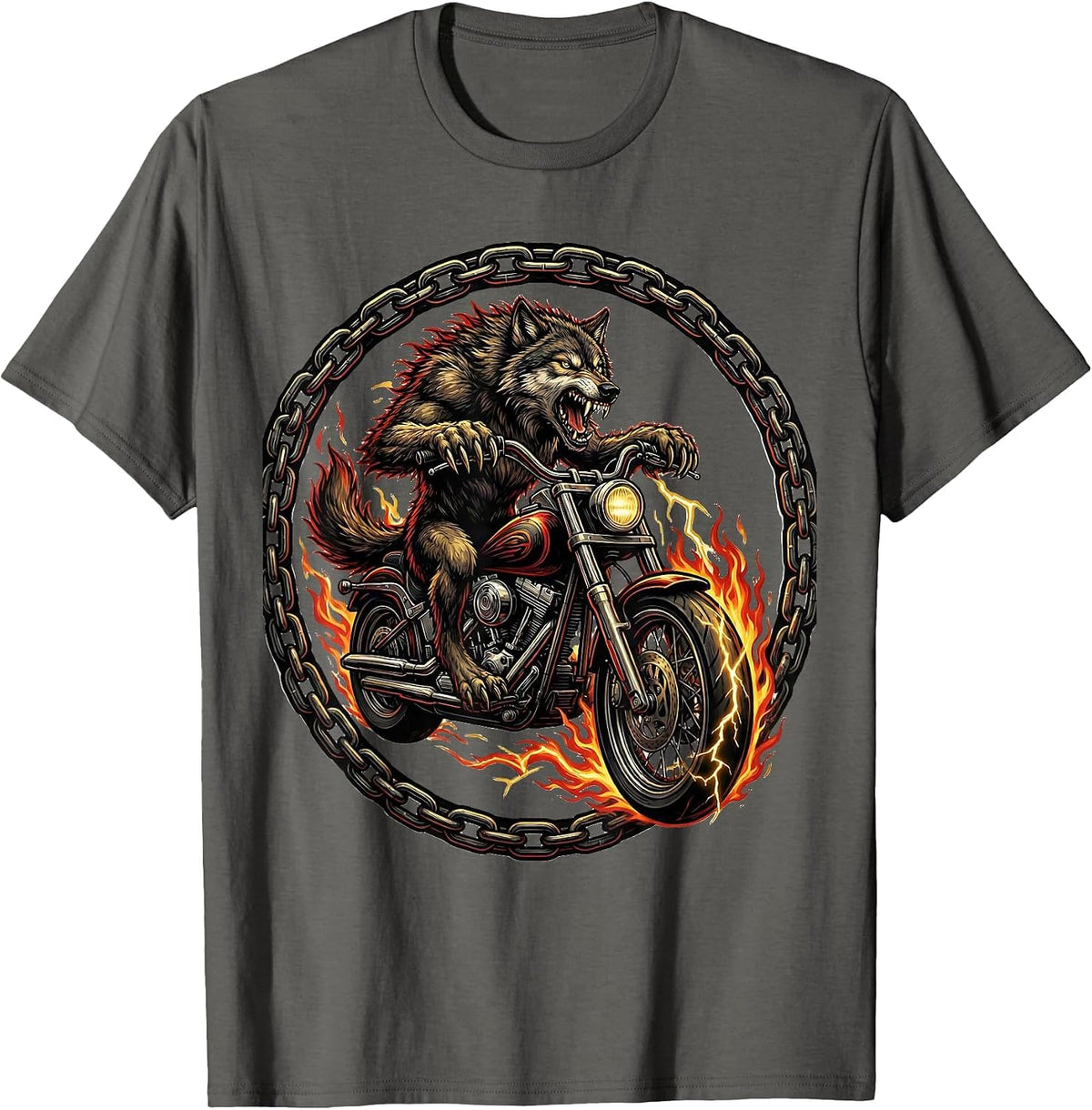 Men's Wolf Riding Chopper Motorcycle Biker Graphic T-Shirt - Asphalt Grey