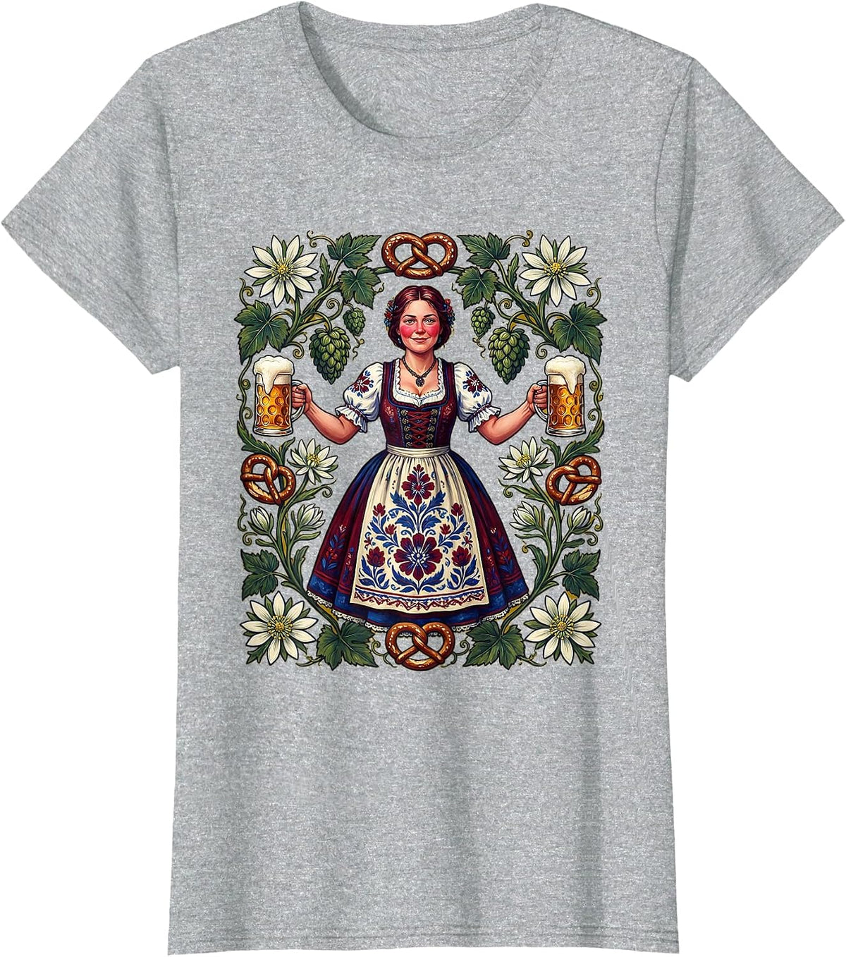 Women's Bavarian Beer Maiden Oktoberfest Illustration T-Shirt - Heather Grey