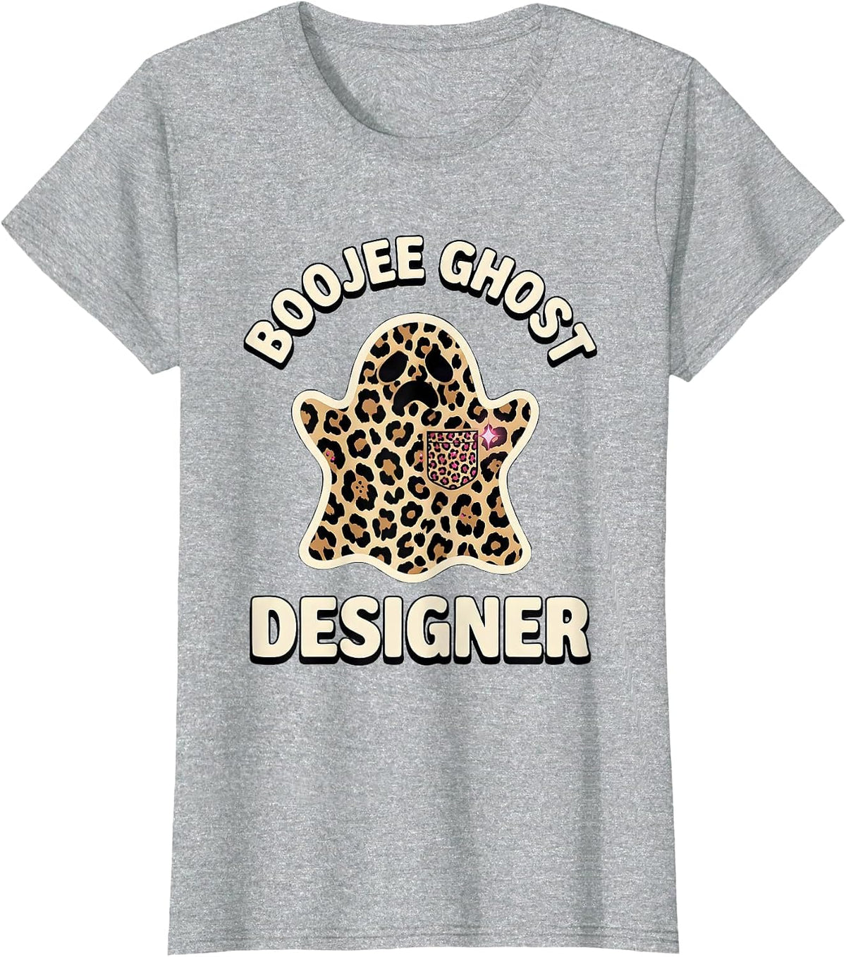 Women's Boojee Ghost Designer Leopard Glam Halloween Party T-Shirt - Heather Grey