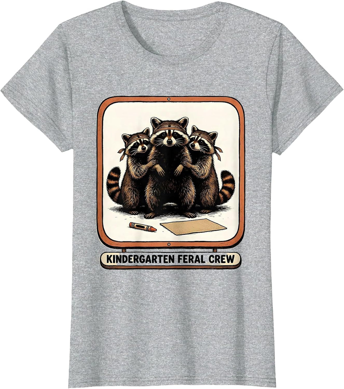 Women's Kindergarten Feral Crew Funny Teacher Back to School Raccoon T-Shirt - Heather Grey