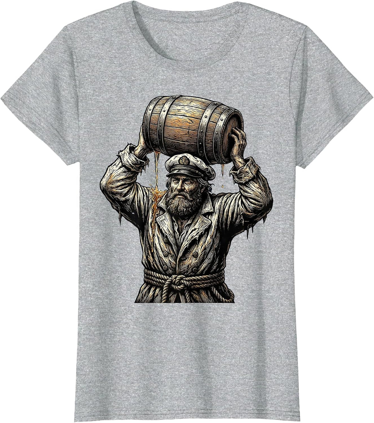 Grizzled Sailor Drinking from Wooden Keg T-Shirt - Heather Grey